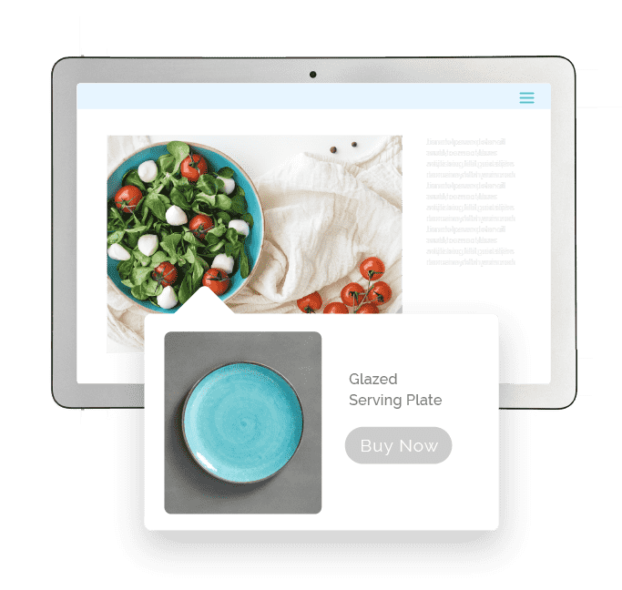 Image of a blue plate with food with a pop out of an ad for the blue plate